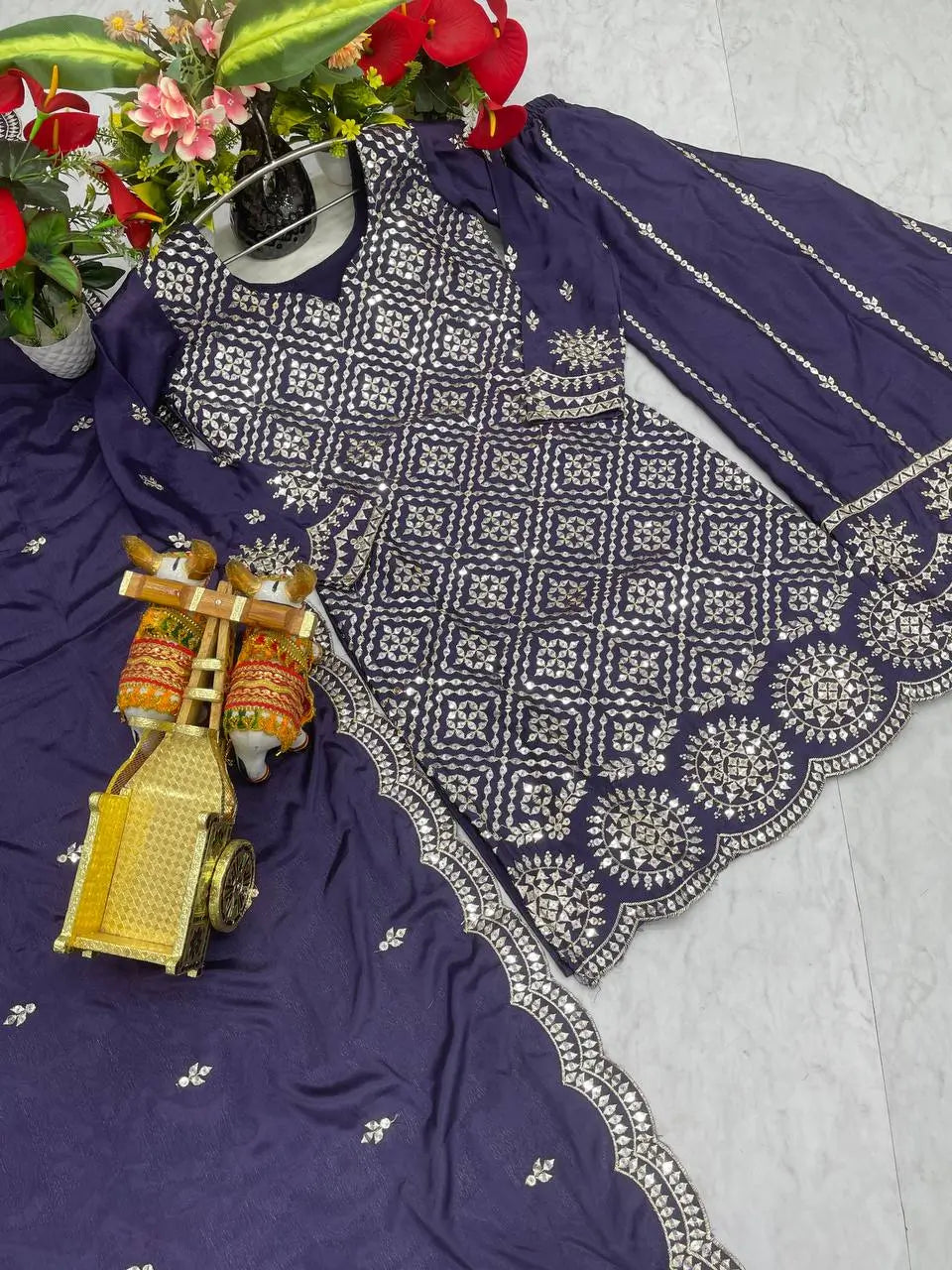 Embroidered Chinon Kurti Palazzo Set