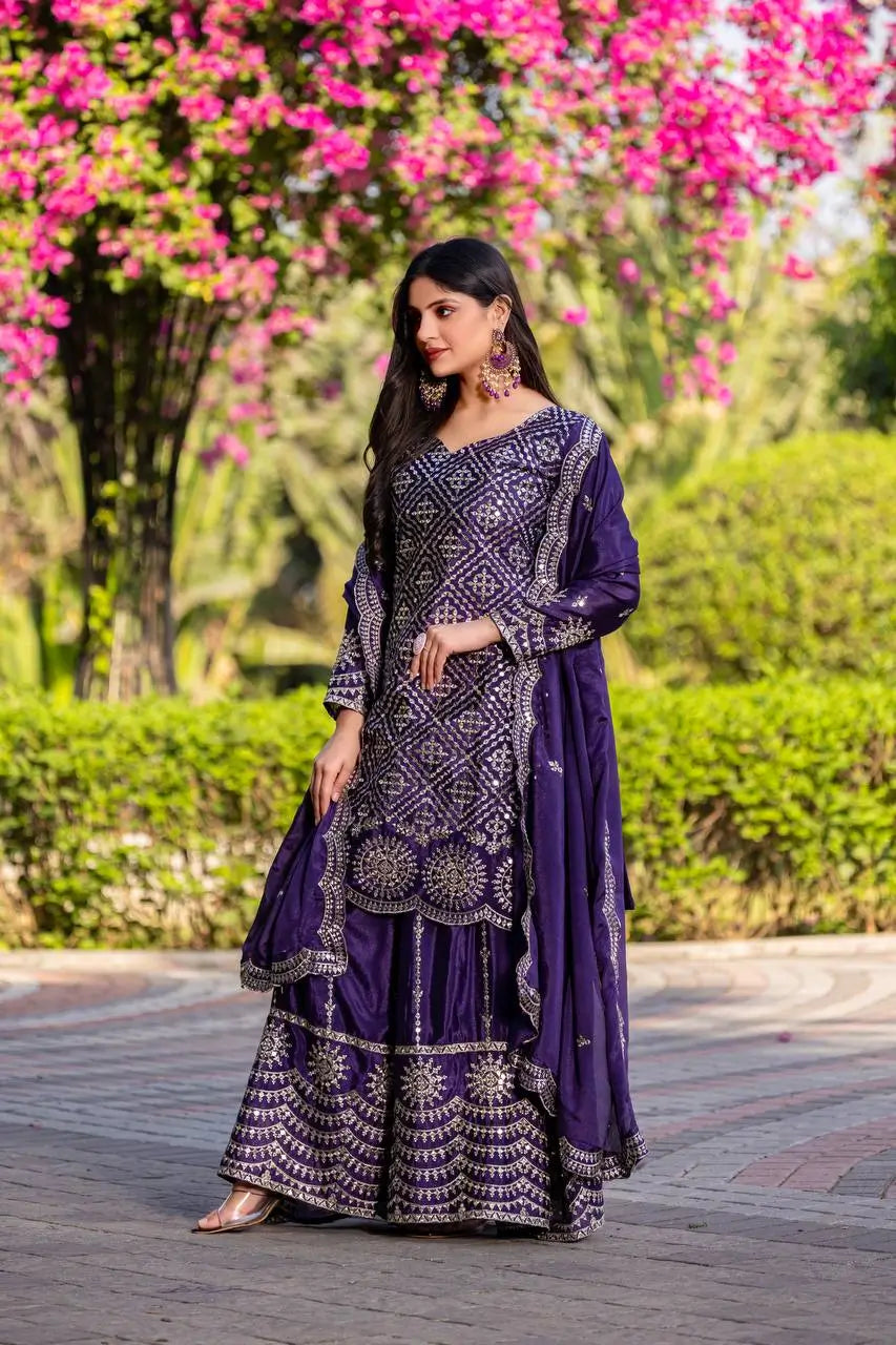 Embroidered Chinon Kurti Palazzo Set