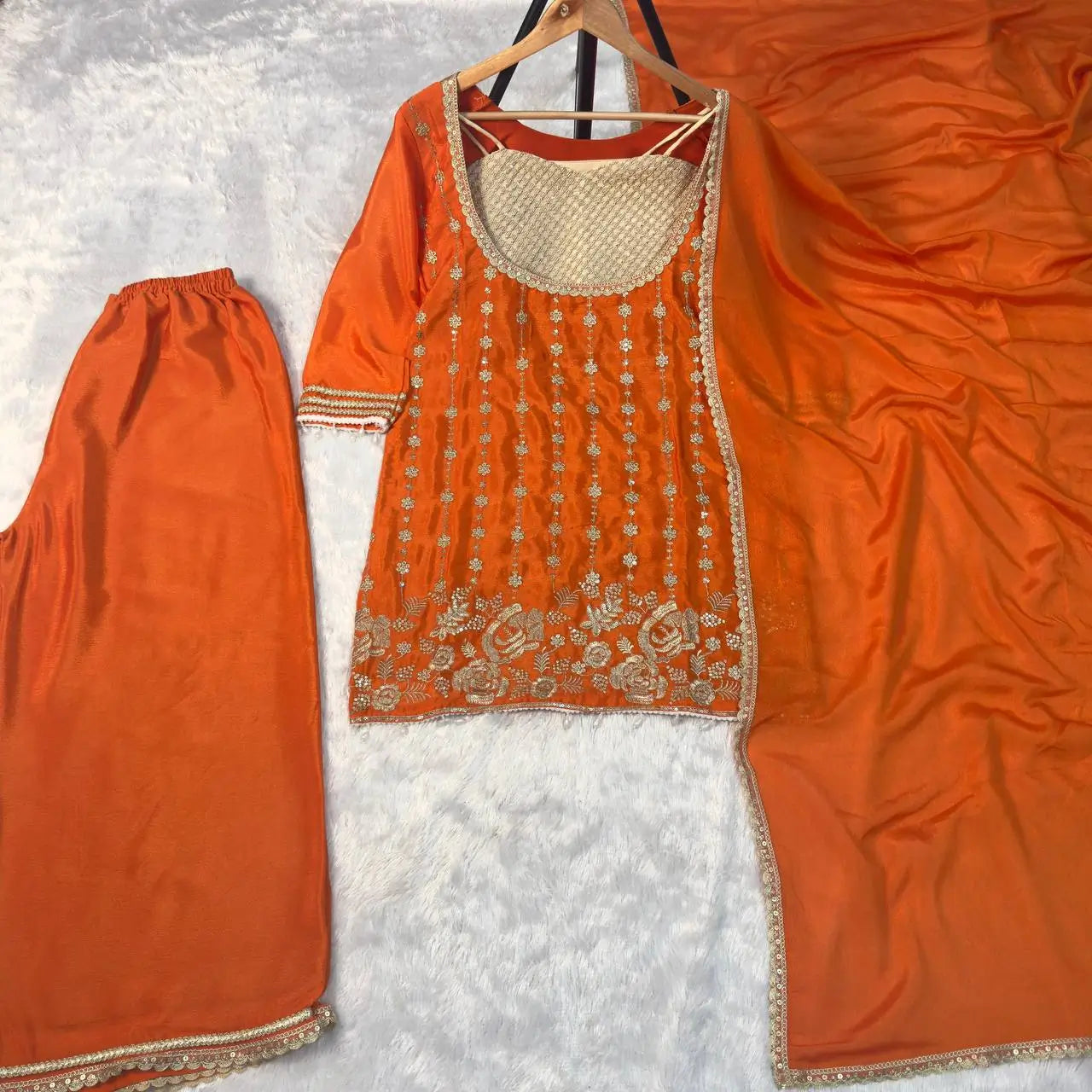Embroidered Chinon Kurti Palazzo Set with Bustier for Wedding and Festive Wear