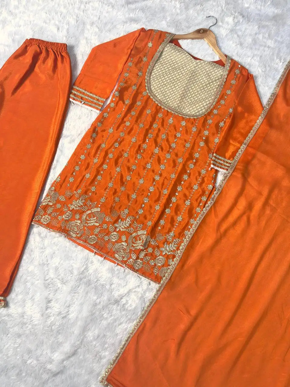Embroidered Chinon Kurti Palazzo Set with Bustier for Wedding and Festive Wear