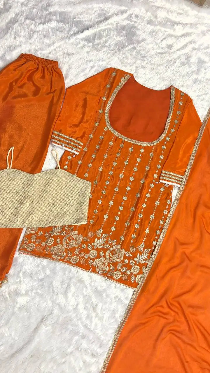 Embroidered Chinon Kurti Palazzo Set with Bustier for Wedding and Festive Wear