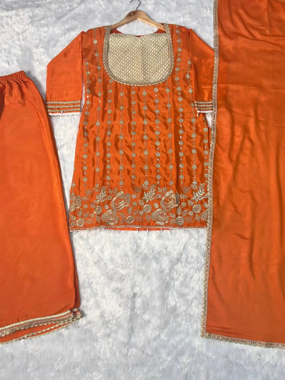 Embroidered Chinon Kurti Palazzo Set with Bustier for Wedding and Festive Wear