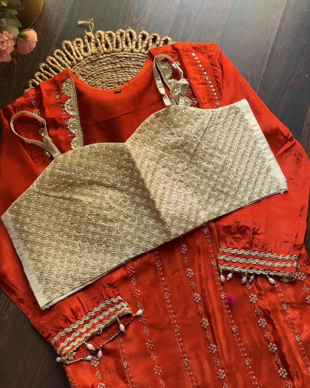 Embroidered Chinon Kurti Palazzo Set with Bustier for Wedding and Festive Wear