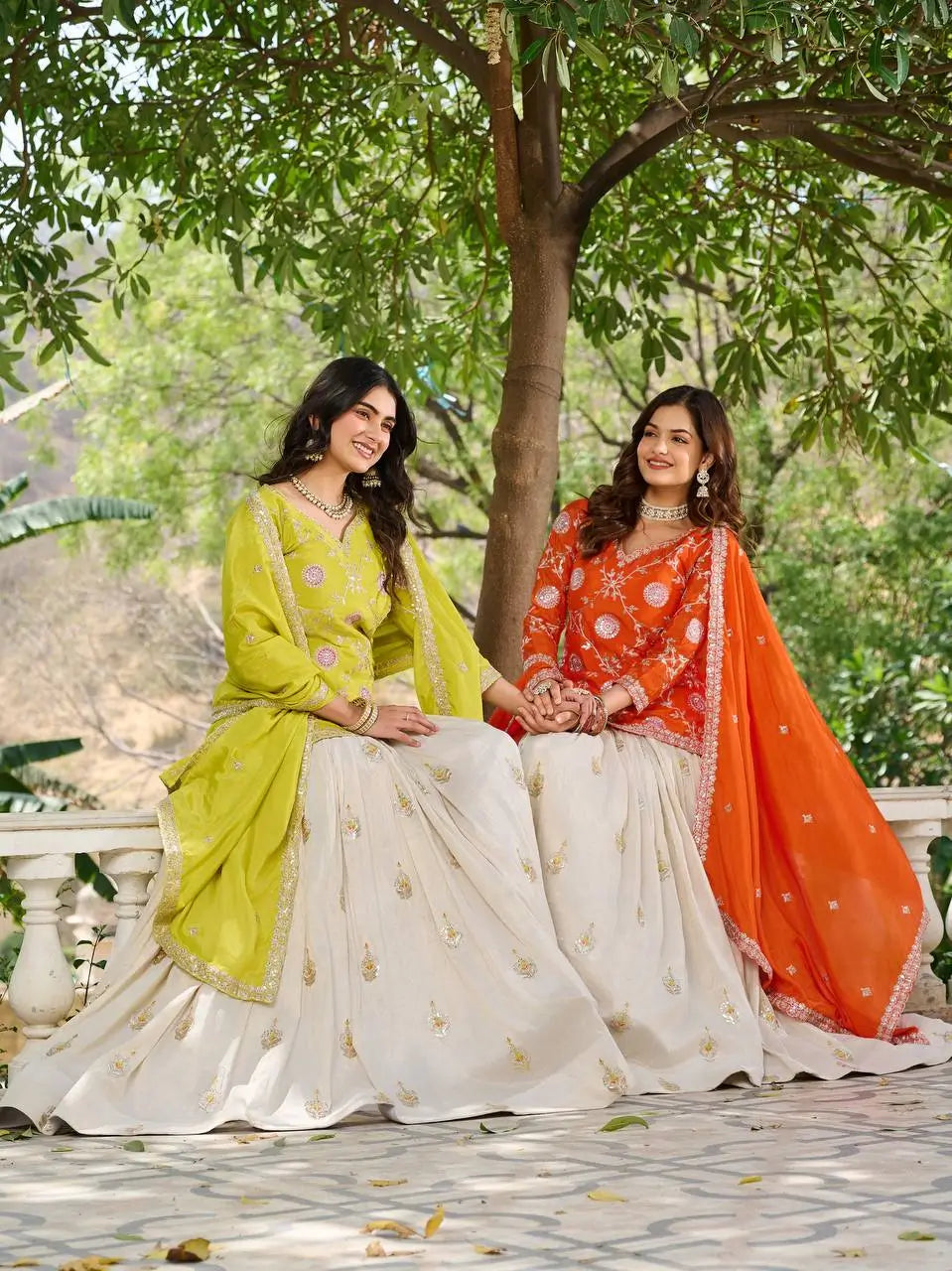 Embroidered Chinon Kurti with Tissue Silk Lehenga Set