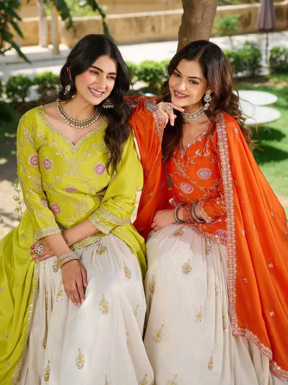 Embroidered Chinon Kurti with Tissue Silk Lehenga Set