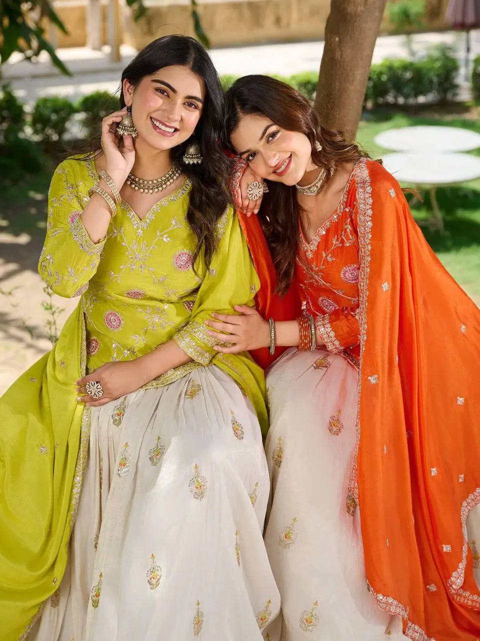 Embroidered Chinon Kurti with Tissue Silk Lehenga Set