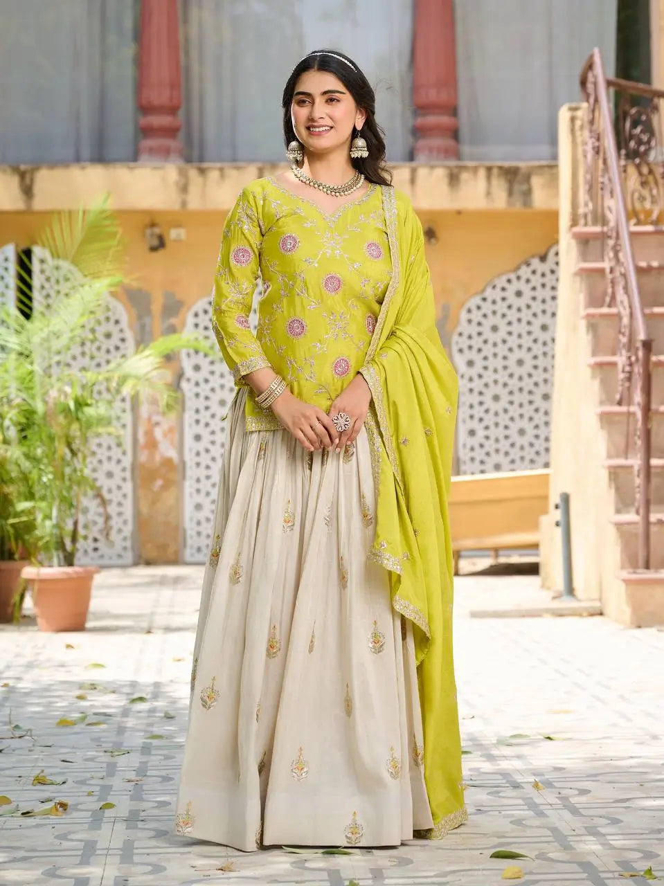 Embroidered Chinon Kurti with Tissue Silk Lehenga Set