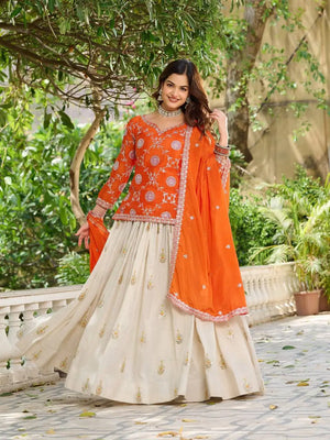 Embroidered Chinon Kurti with Tissue Silk Lehenga Set