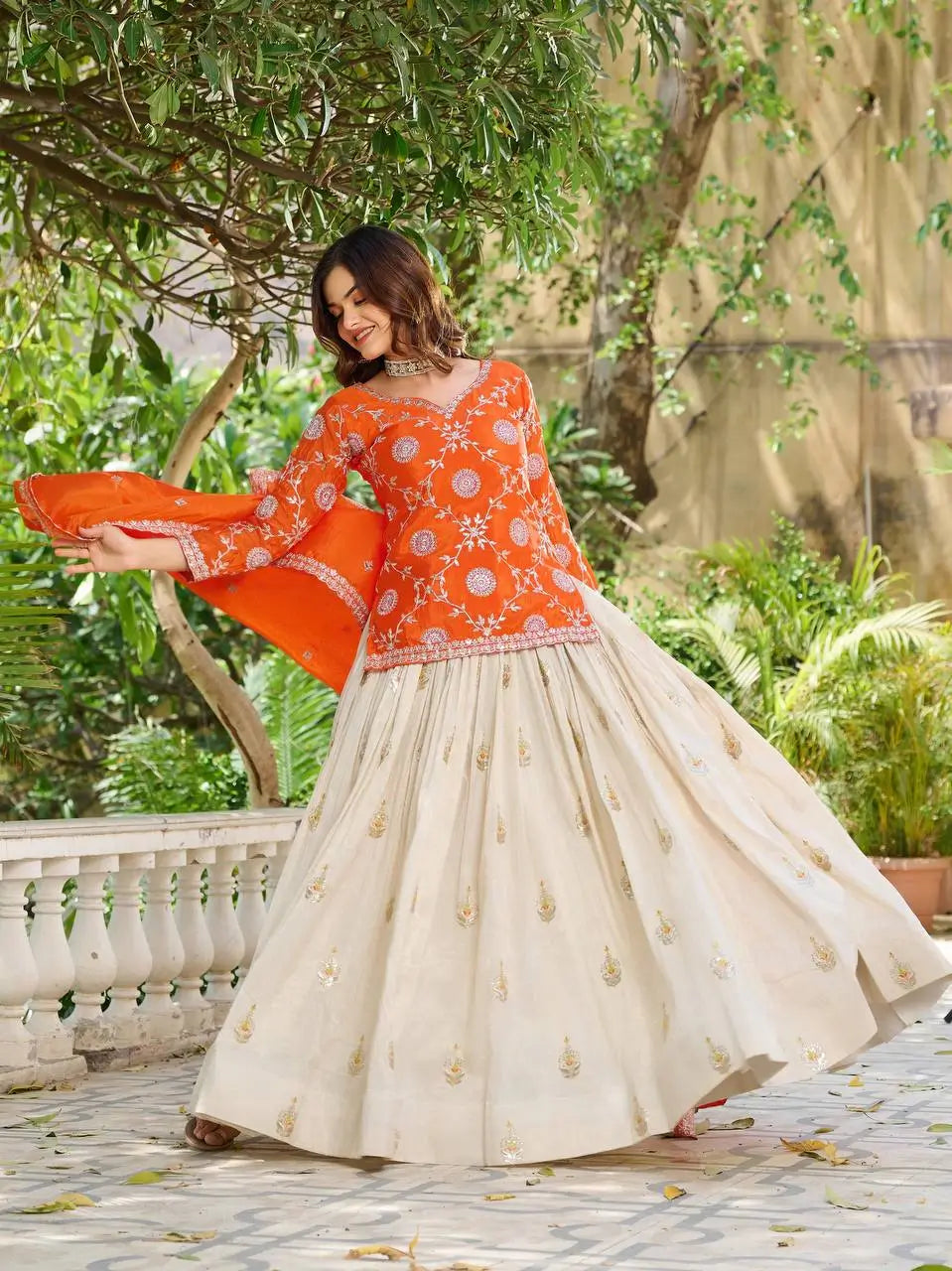 Embroidered Chinon Kurti with Tissue Silk Lehenga Set