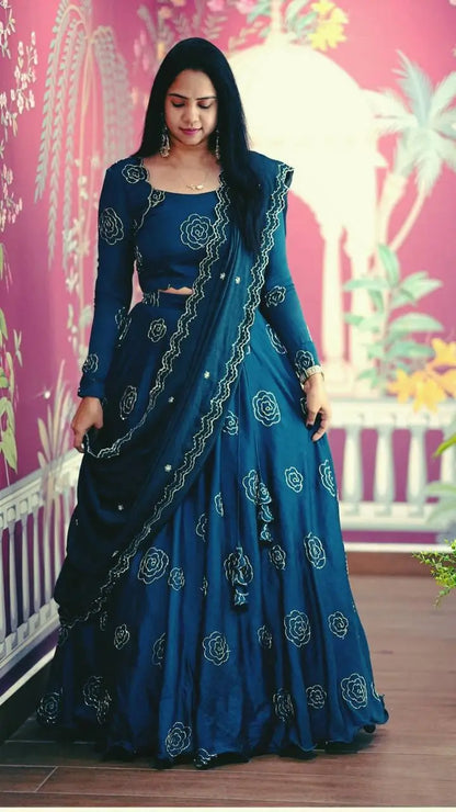 Embroidered Chinon Lehenga Choli Set with Dupatta