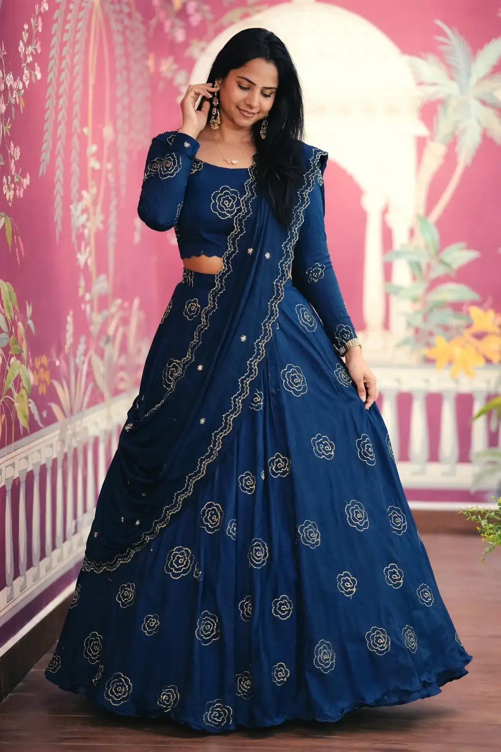 Embroidered Chinon Lehenga Choli Set with Dupatta