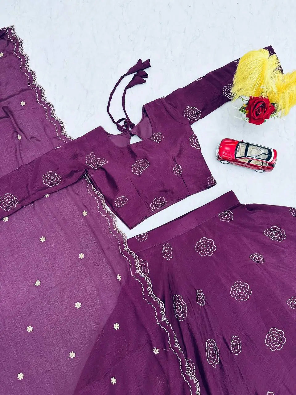 Embroidered Chinon Lehenga Choli Set with Dupatta