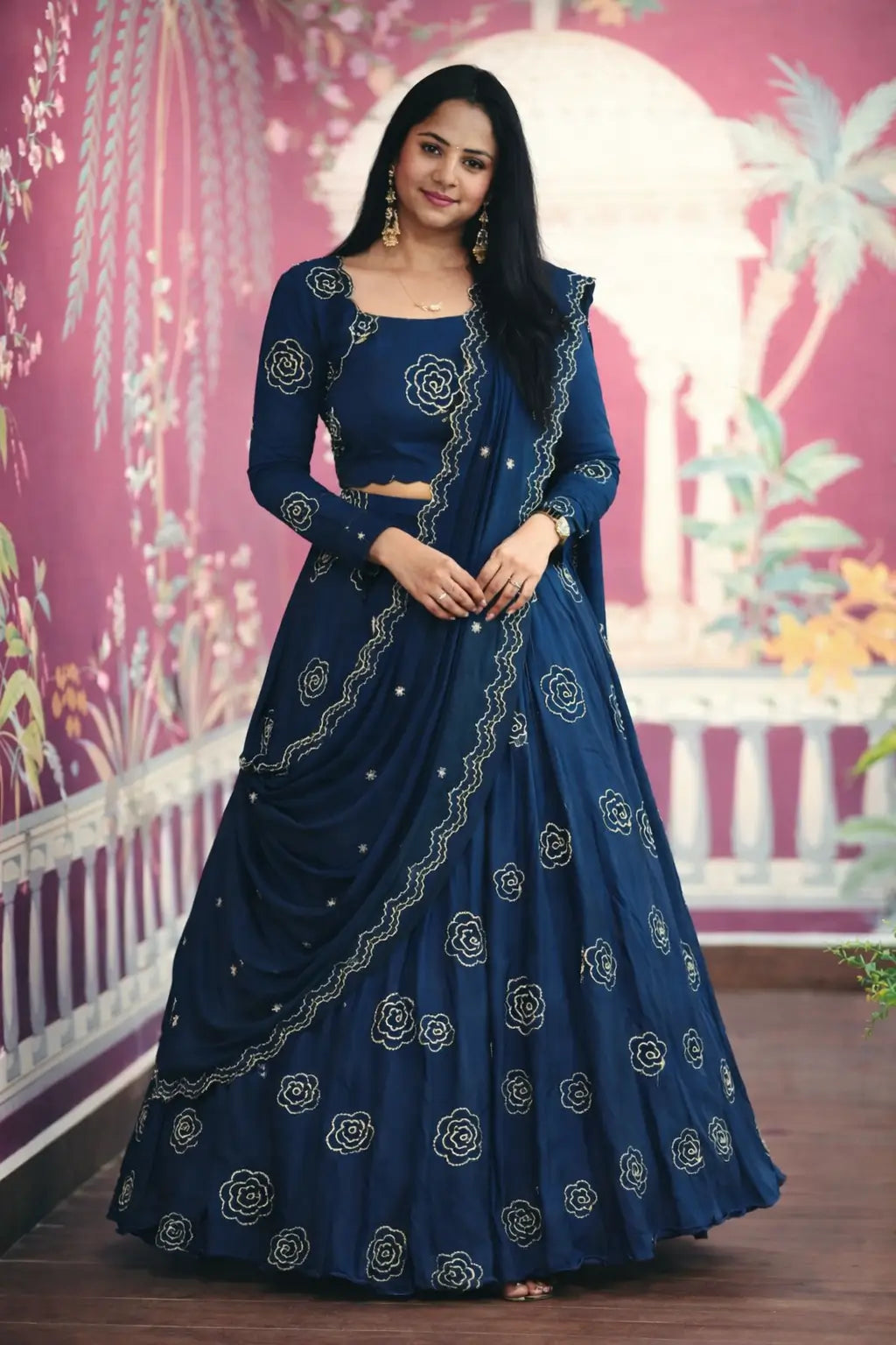 Embroidered Chinon Lehenga Choli Set with Dupatta