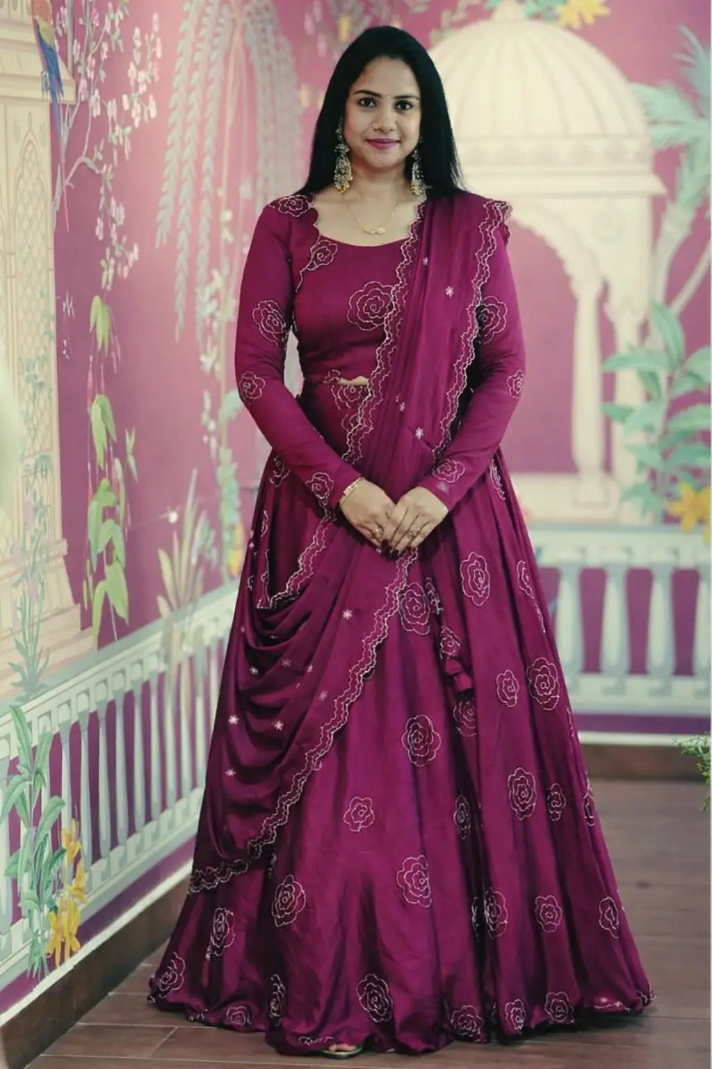 Embroidered Chinon Lehenga Choli Set with Dupatta