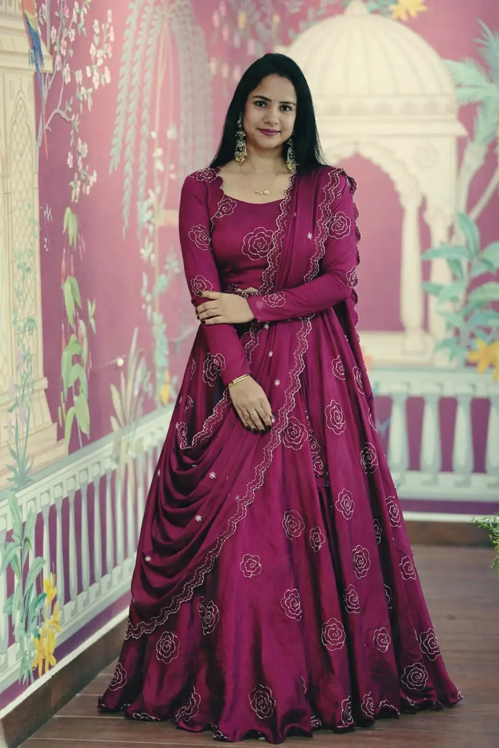 Embroidered Chinon Lehenga Choli Set with Dupatta