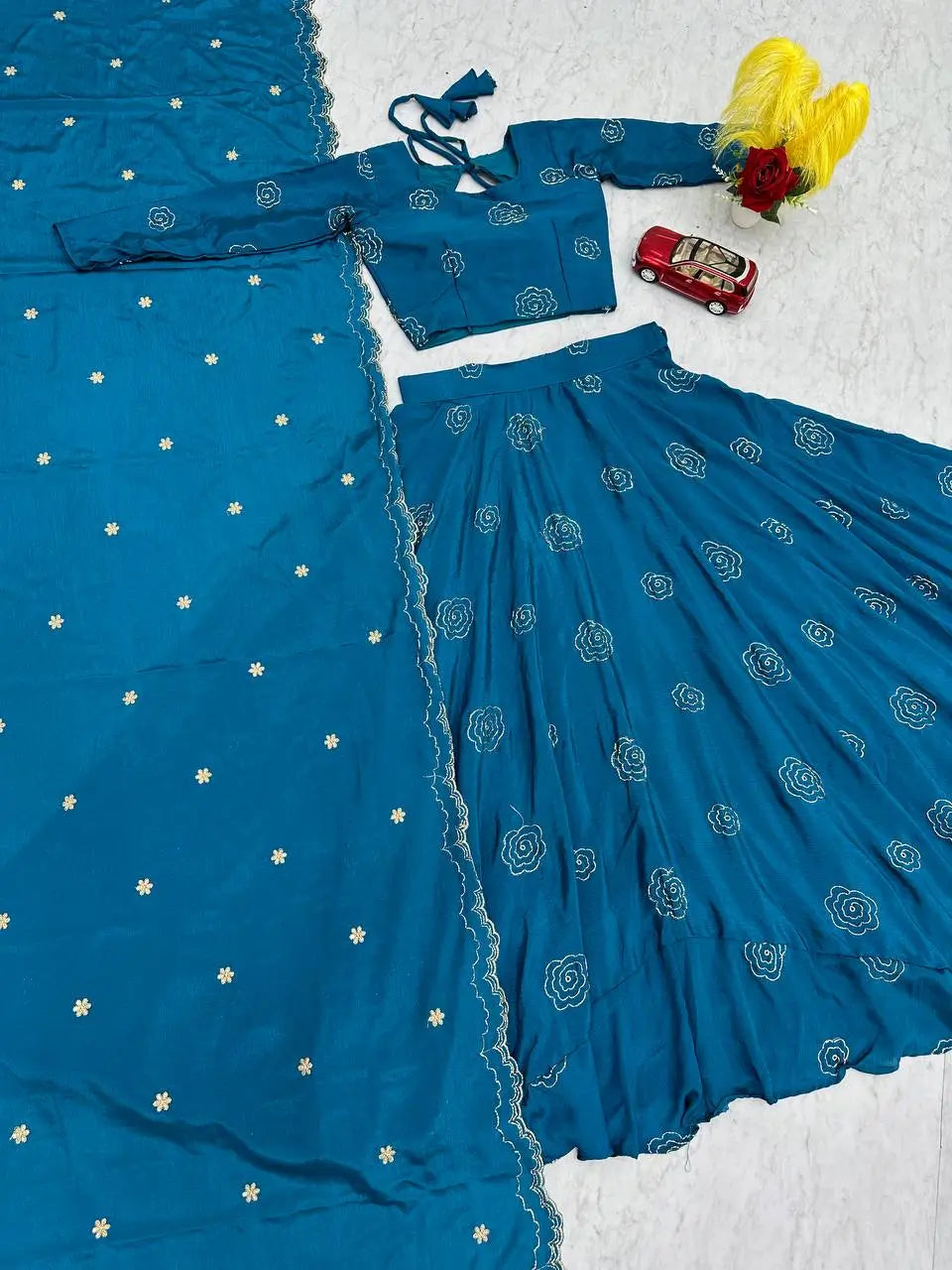 Embroidered Chinon Lehenga Choli Set with Dupatta