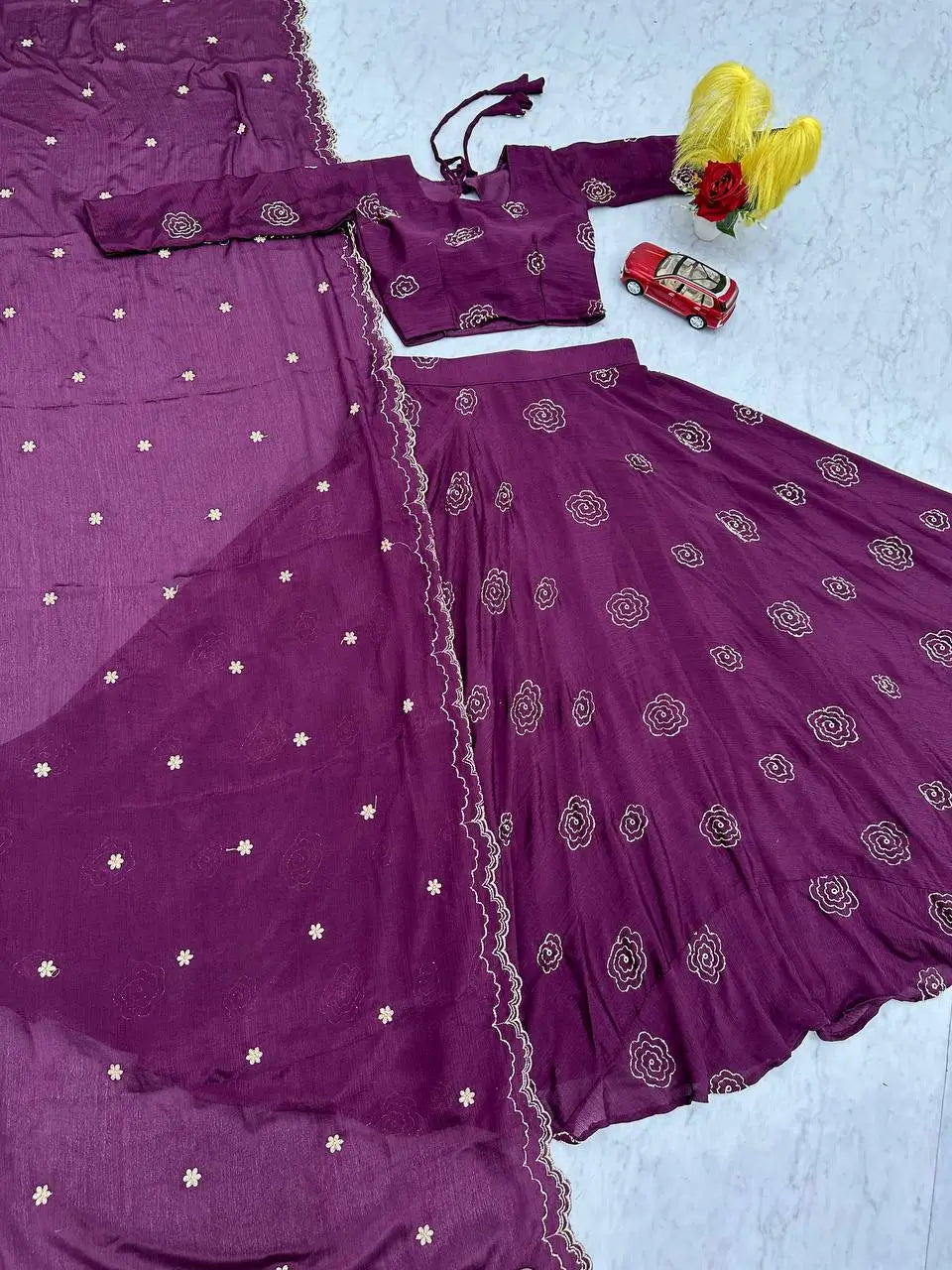 Embroidered Chinon Lehenga Choli Set with Dupatta