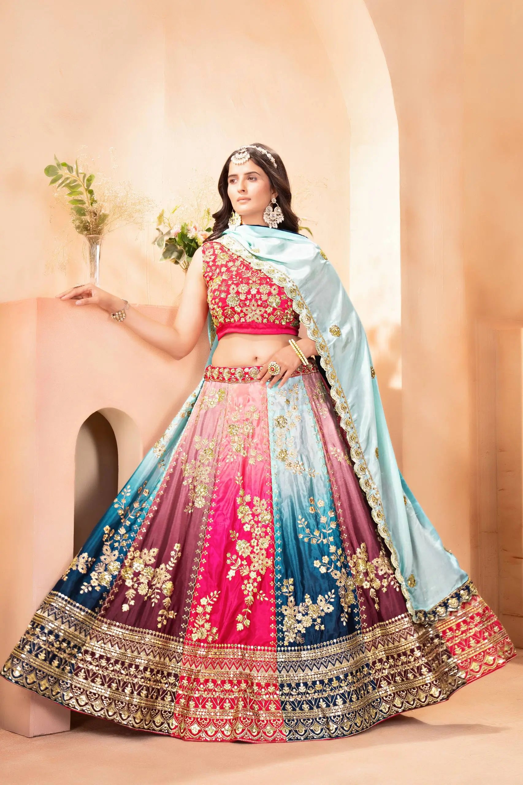 Embroidered Chinon Lehenga Choli with Dupatta for Wedding and Festive Wear