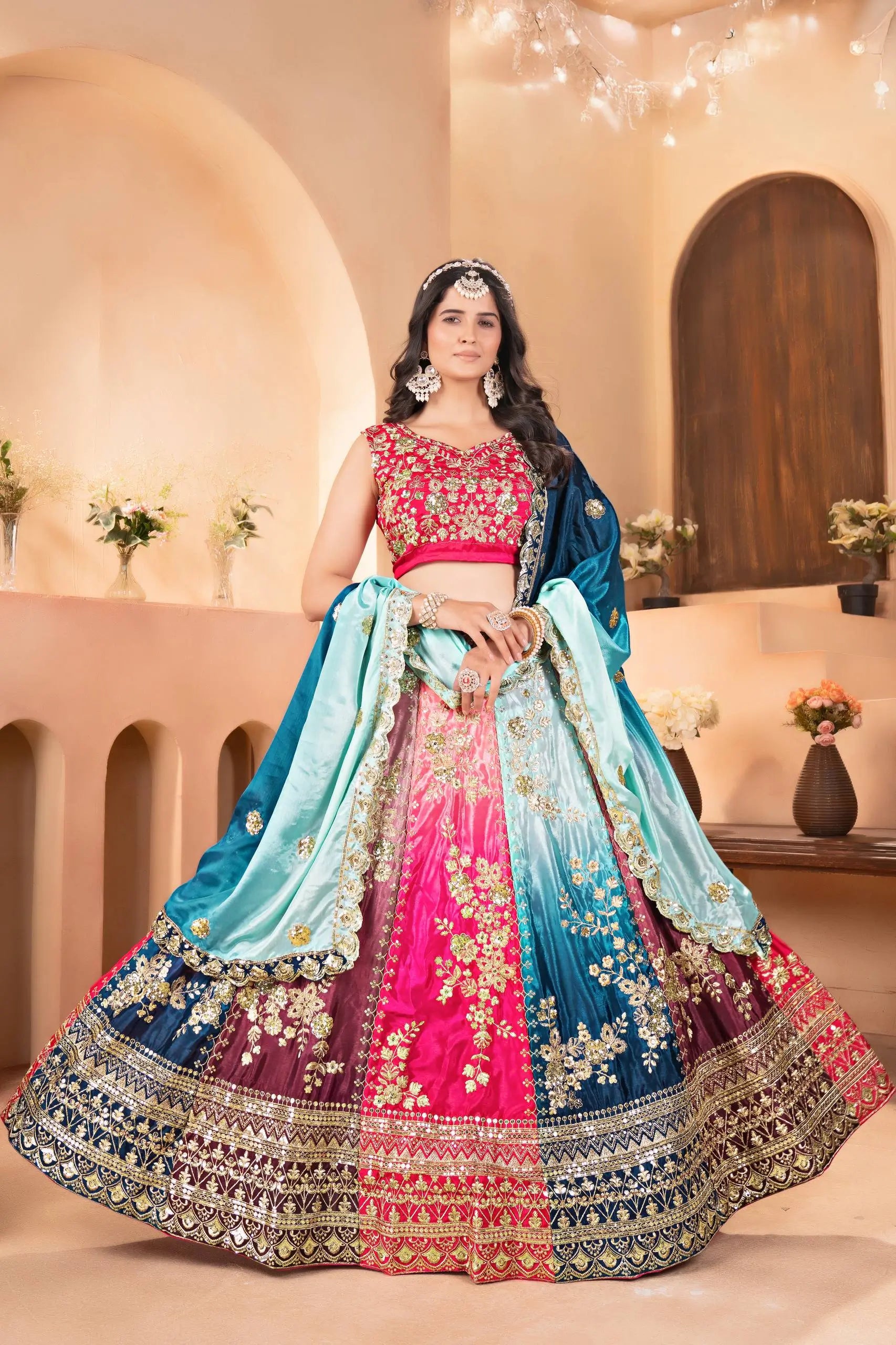 Embroidered Chinon Lehenga Choli with Dupatta for Wedding and Festive Wear