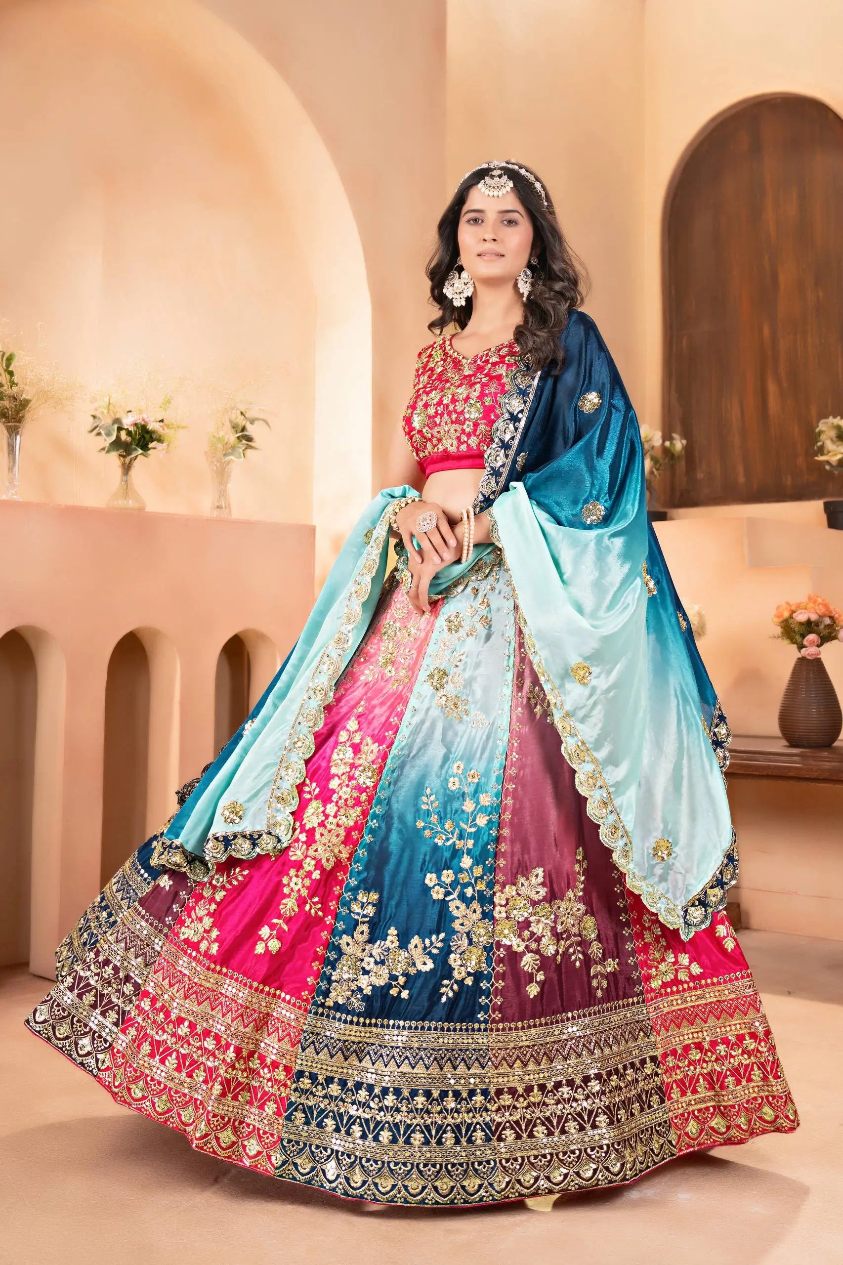 Embroidered Chinon Lehenga Choli with Dupatta for Wedding and Festive Wear