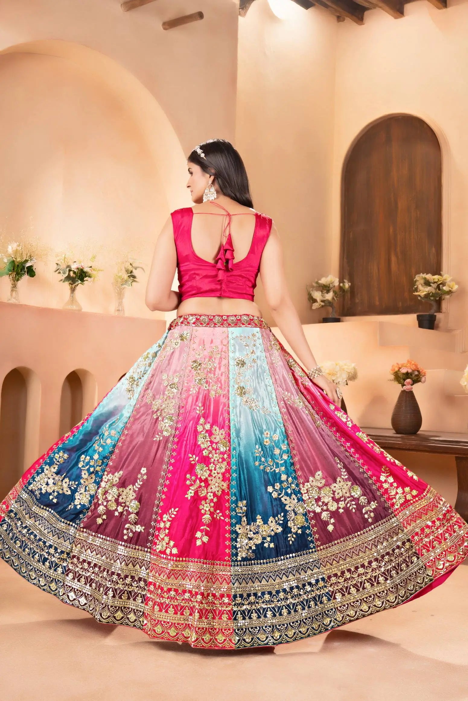 Embroidered Chinon Lehenga Choli with Dupatta for Wedding and Festive Wear