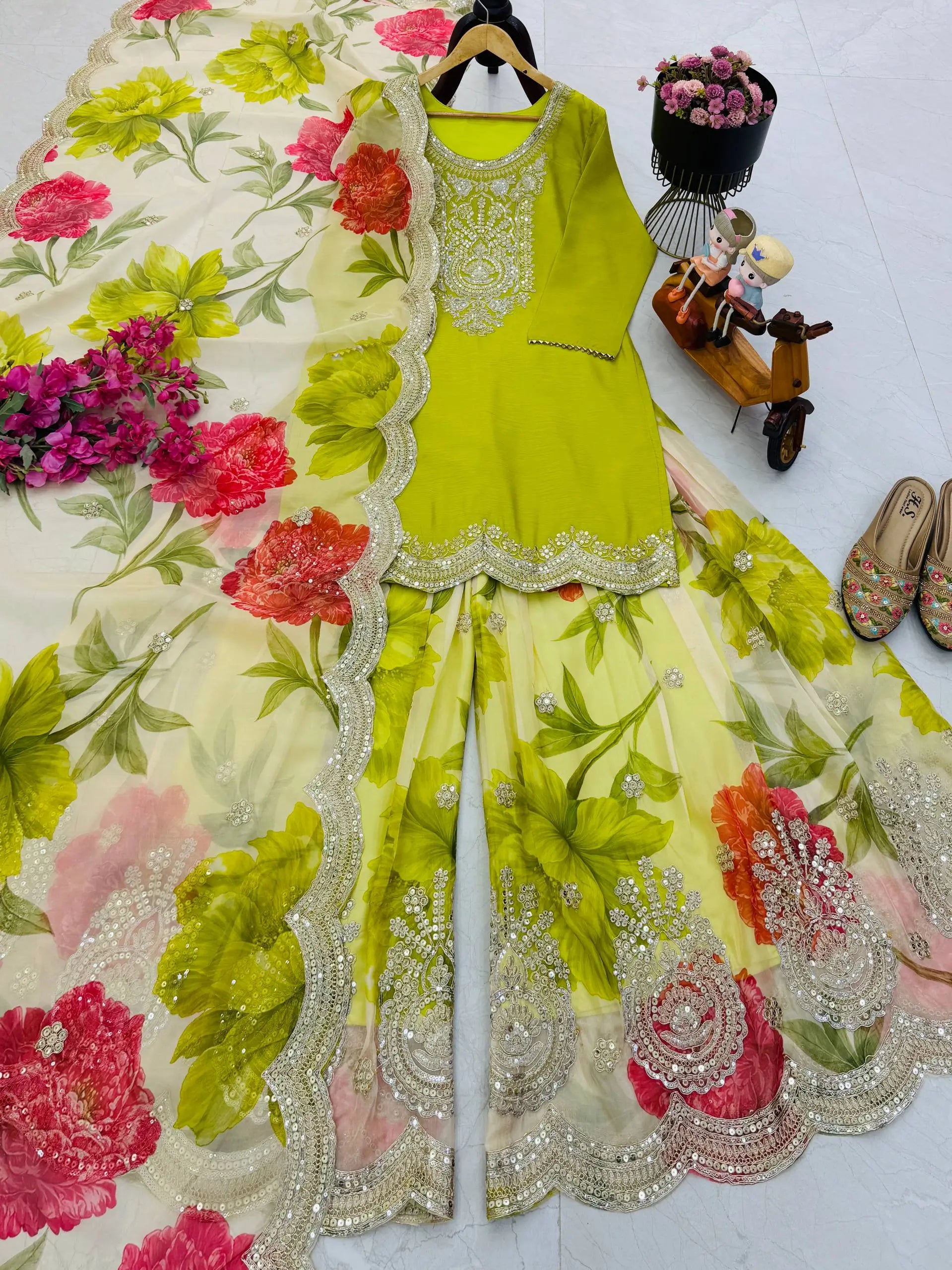 Embroidered Chinon Sharara Suit Set