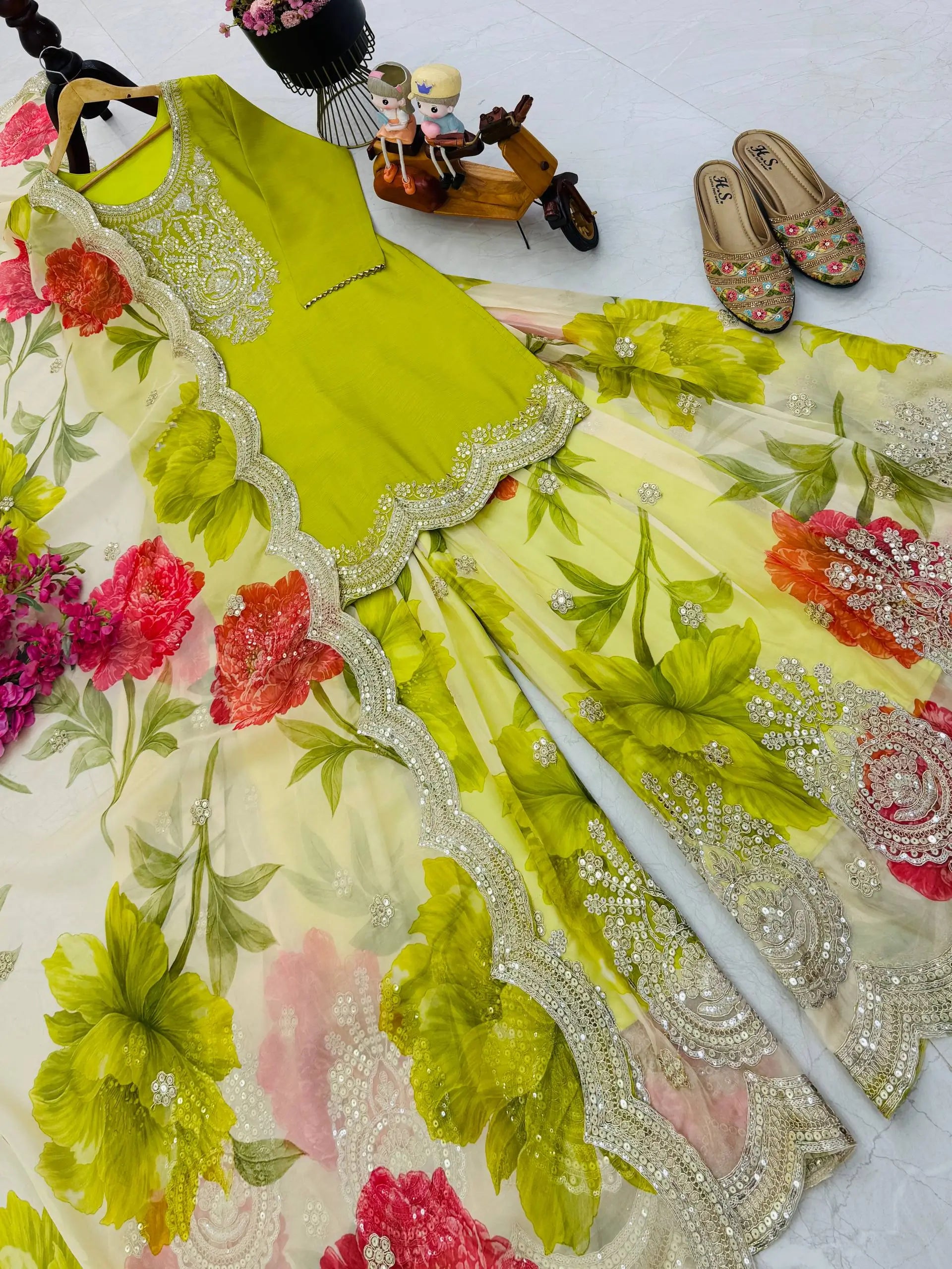 Embroidered Chinon Sharara Suit Set