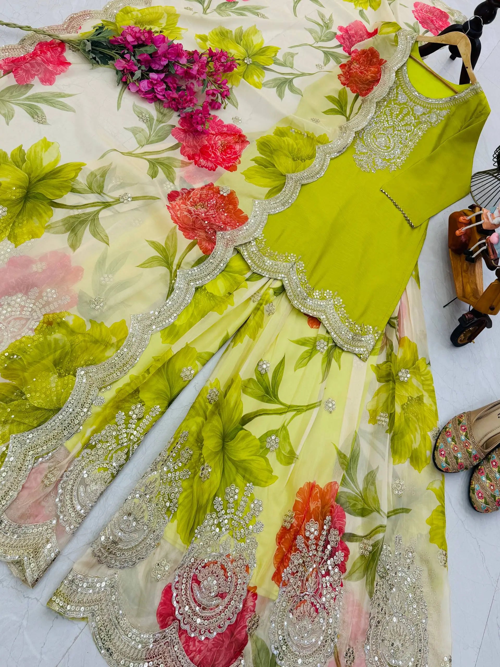 Embroidered Chinon Sharara Suit Set