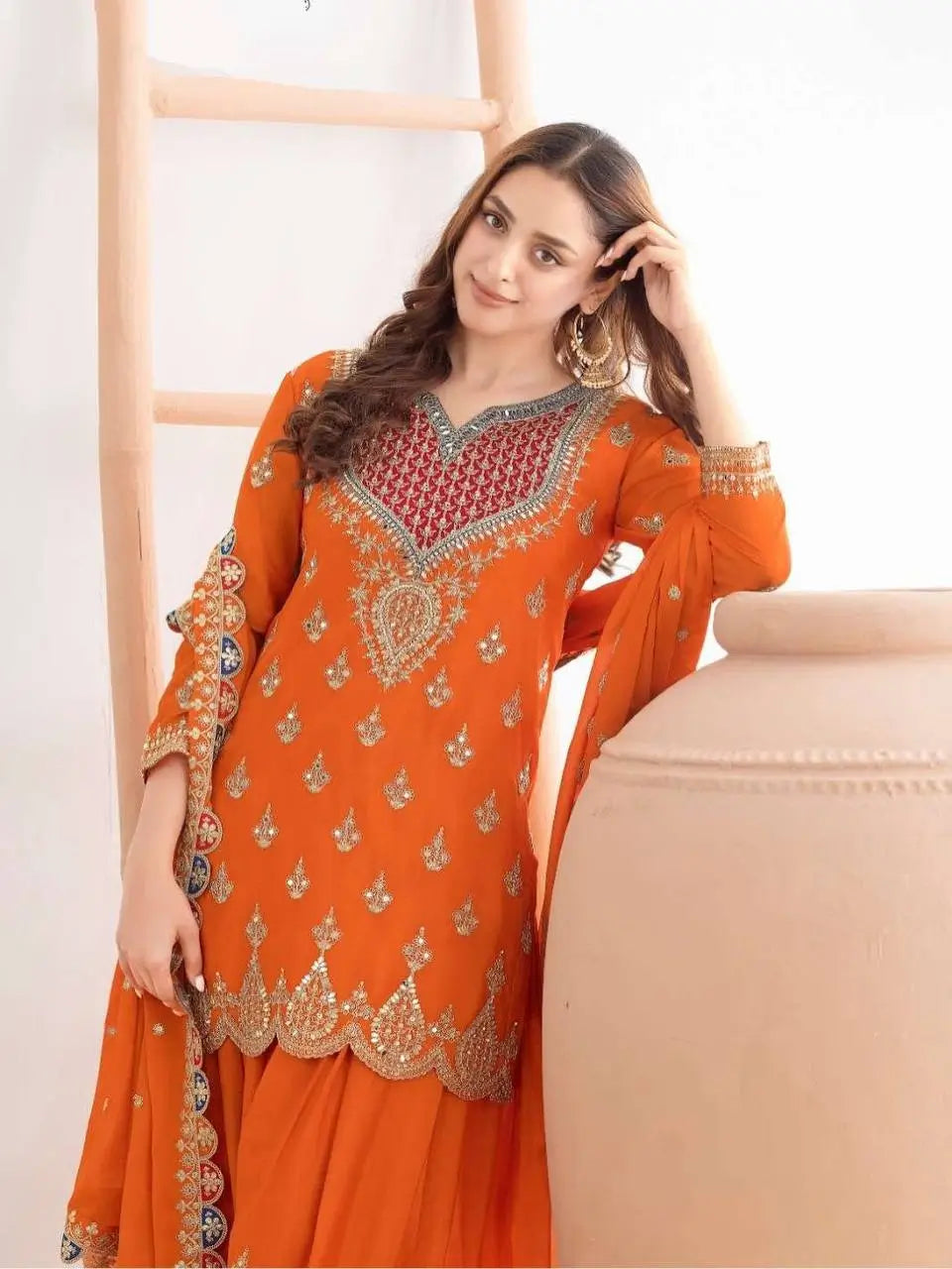 Embroidered Chinon Sharara Suit Set