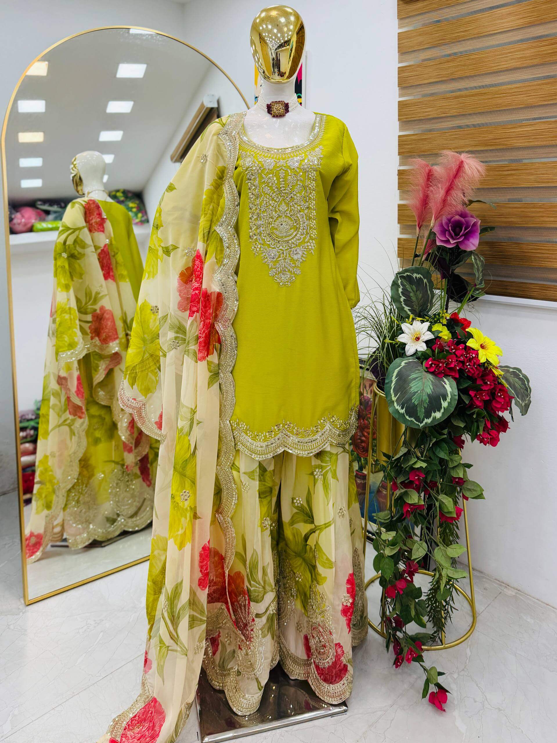 Embroidered Chinon Sharara Suit Set