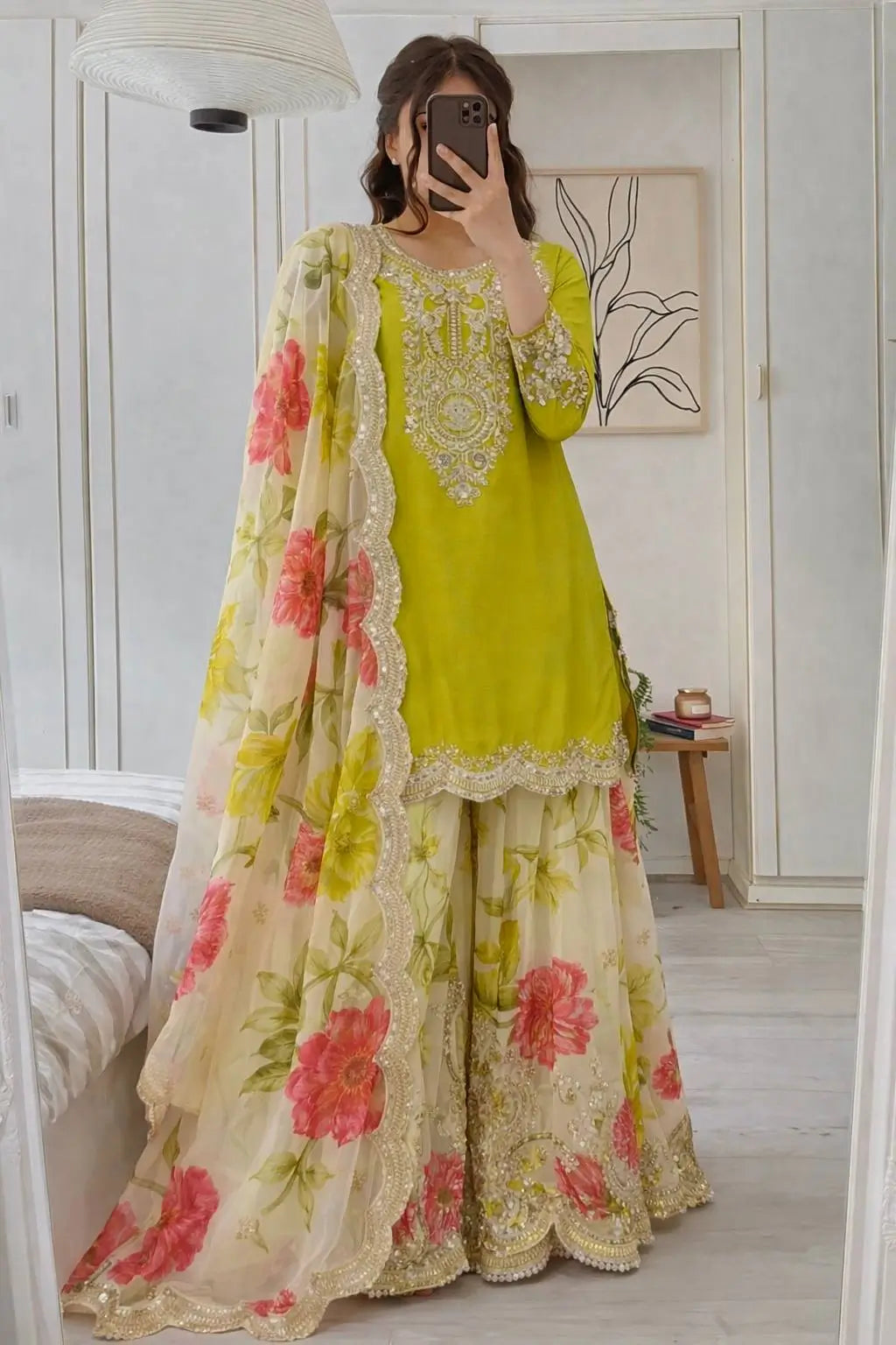 Embroidered Chinon Sharara Suit Set