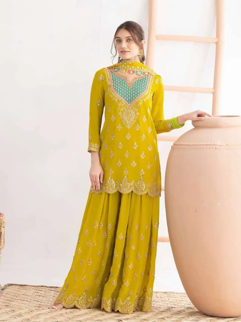 Embroidered Chinon Sharara Suit Set