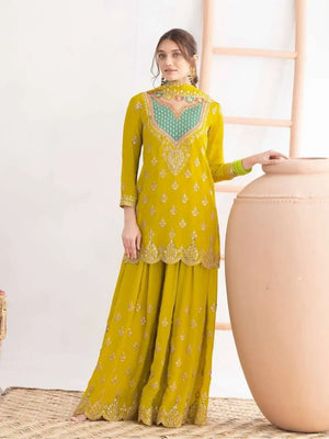 Embroidered Chinon Sharara Suit Set