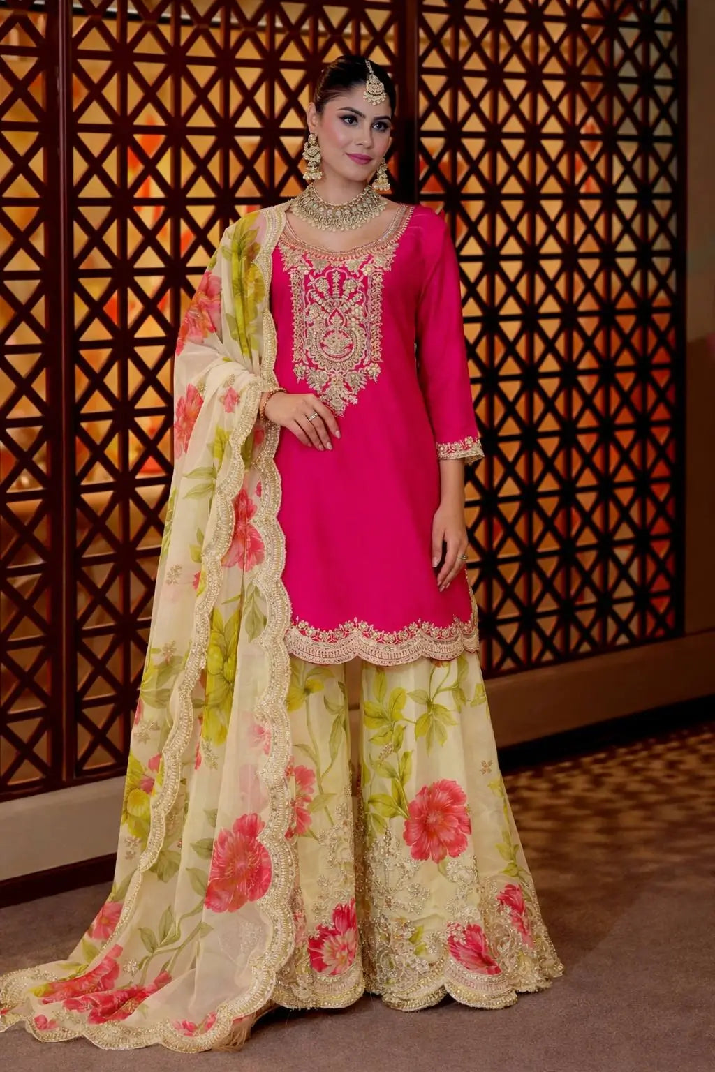 Embroidered Chinon Sharara Suit Set