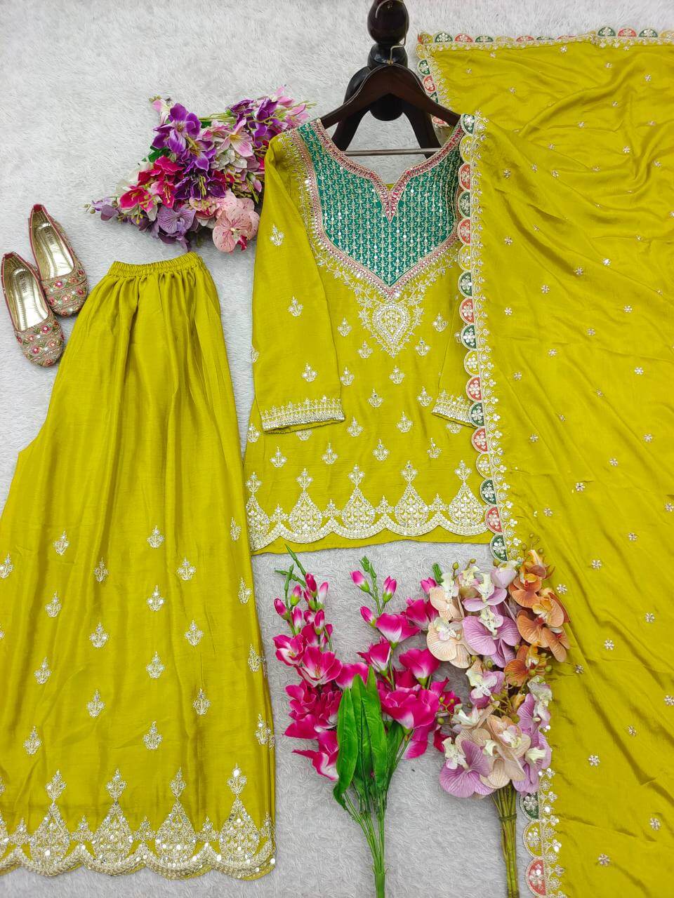 Embroidered Chinon Sharara Suit Set