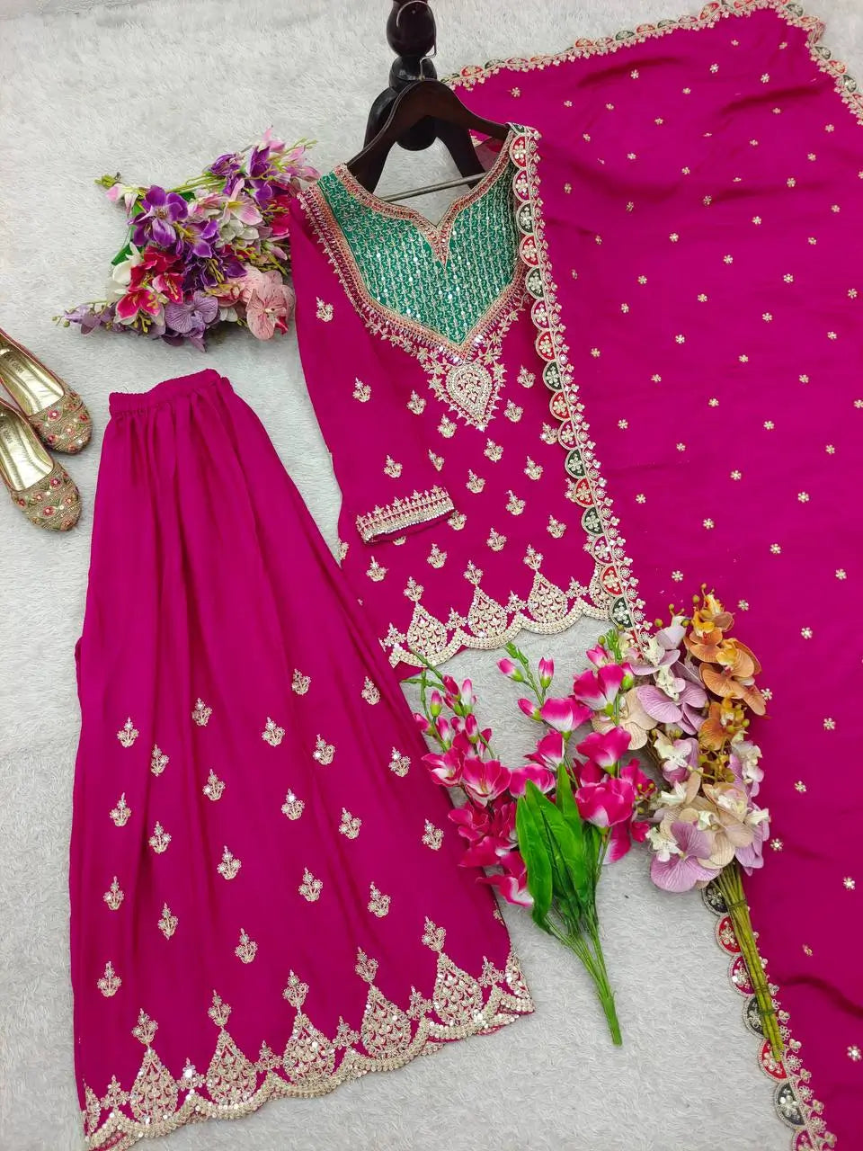 Embroidered Chinon Sharara Suit Set