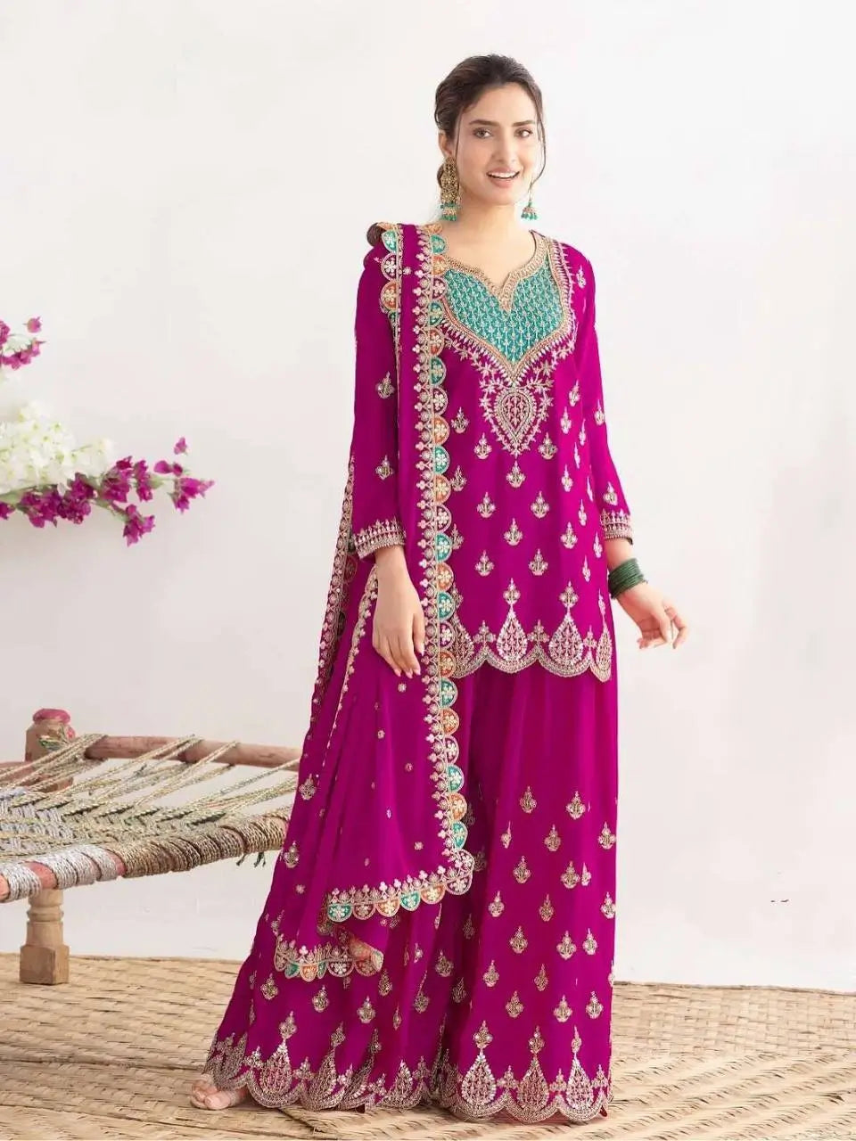 Embroidered Chinon Sharara Suit Set
