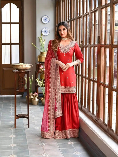 Embroidered Chinon Sharara Suit Set