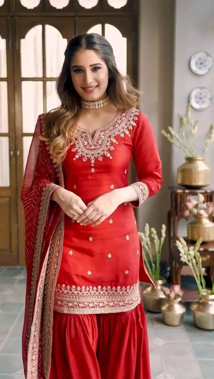 Embroidered Chinon Sharara Suit Set