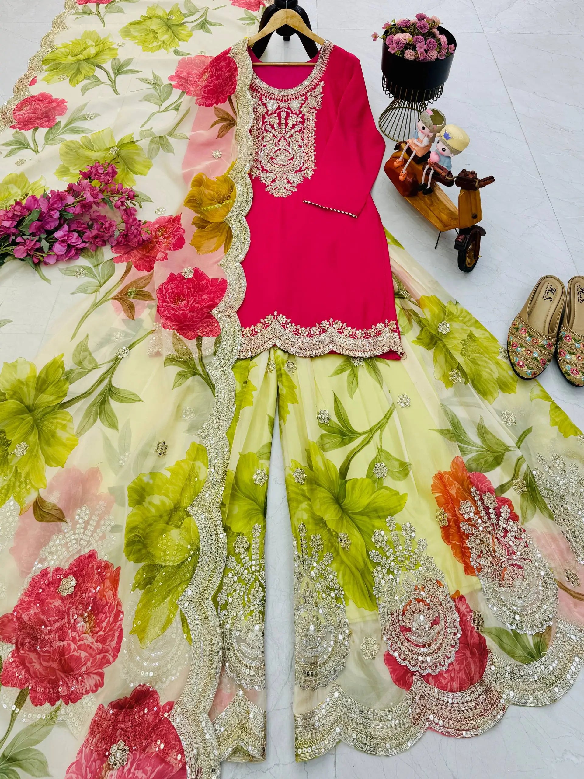 Embroidered Chinon Sharara Suit Set