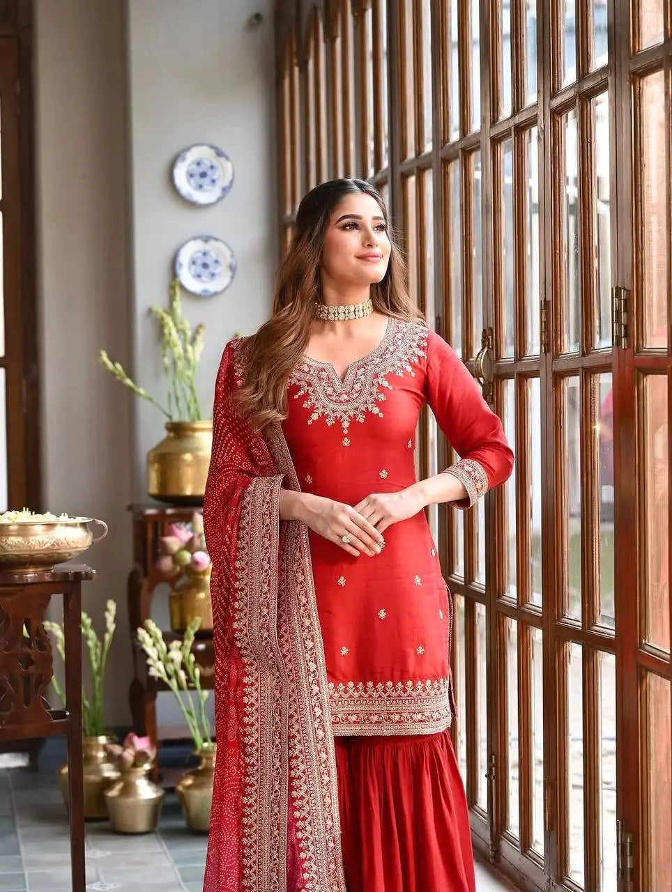Embroidered Chinon Sharara Suit Set