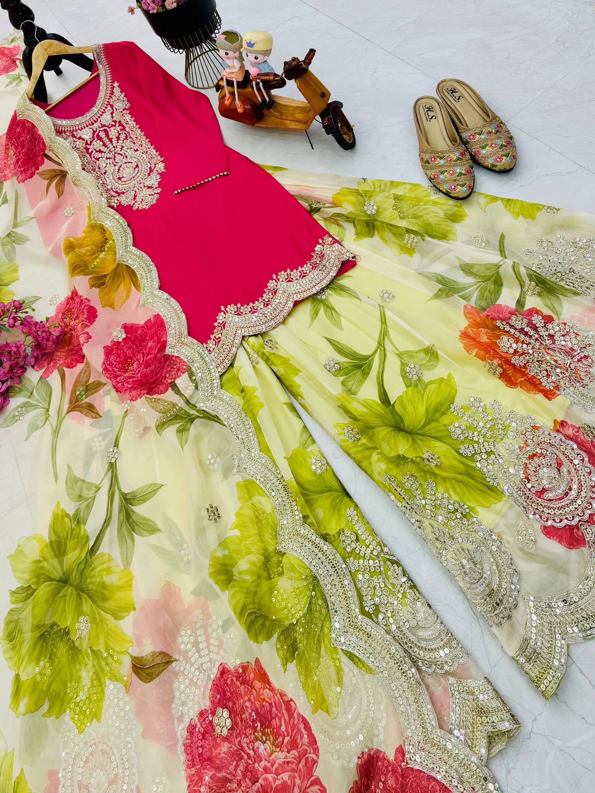 Embroidered Chinon Sharara Suit Set