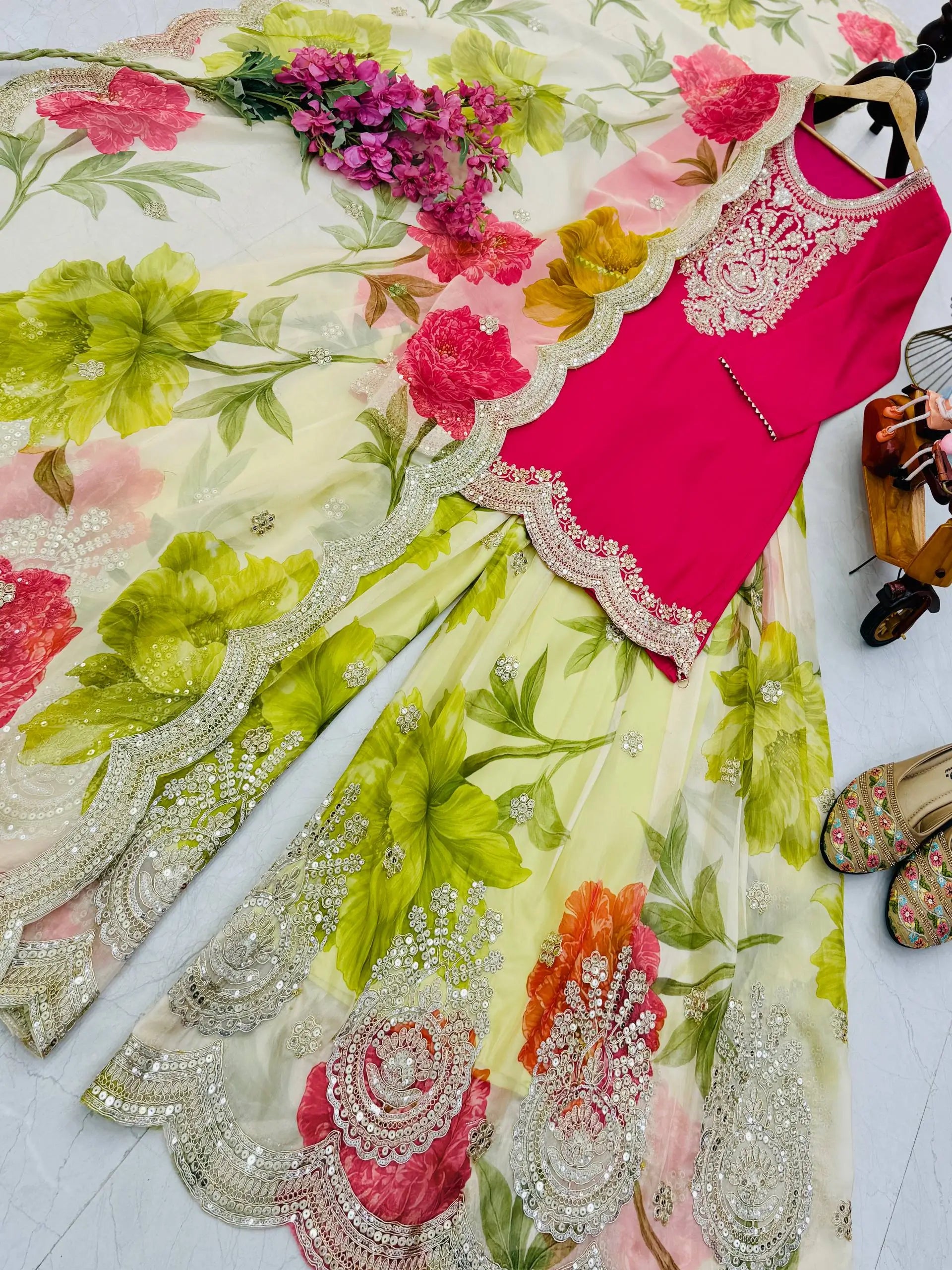 Embroidered Chinon Sharara Suit Set