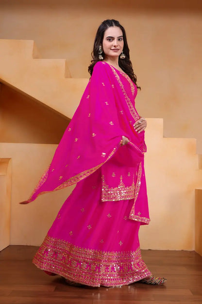 Embroidered Chinon Sharara Suit Set with Dupatta
