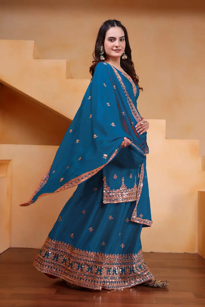 Embroidered Chinon Sharara Suit Set with Dupatta