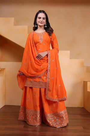 Embroidered Chinon Sharara Suit Set with Dupatta