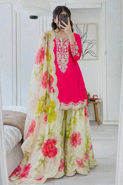 Embroidered Chinon Sharara Suit Set