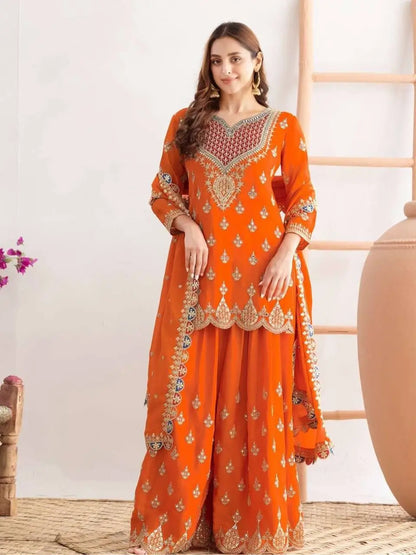 Embroidered Chinon Sharara Suit Set