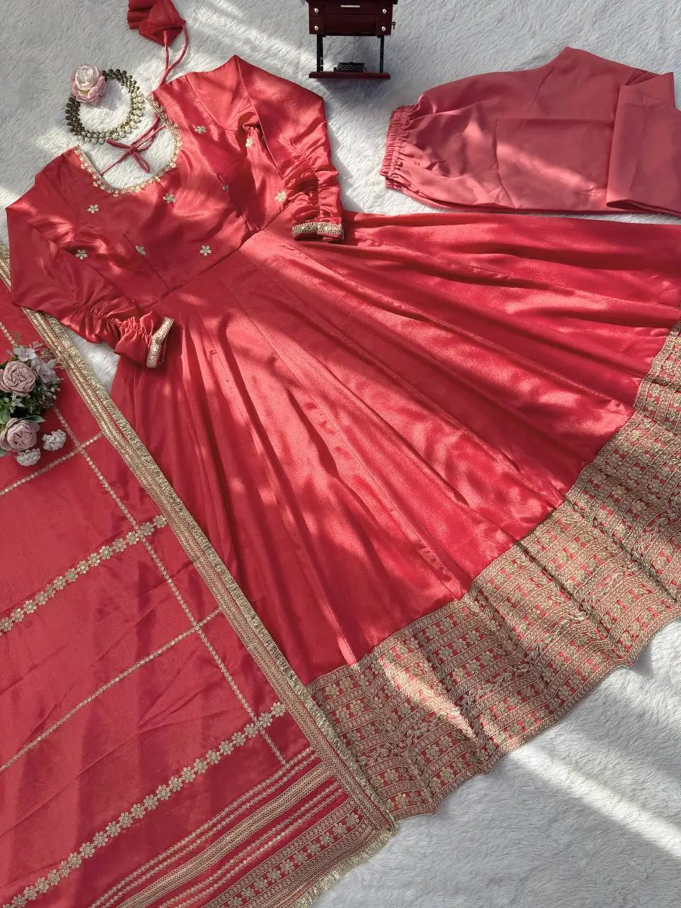 Embroidered Chinon Silk Anarkali Gown Set