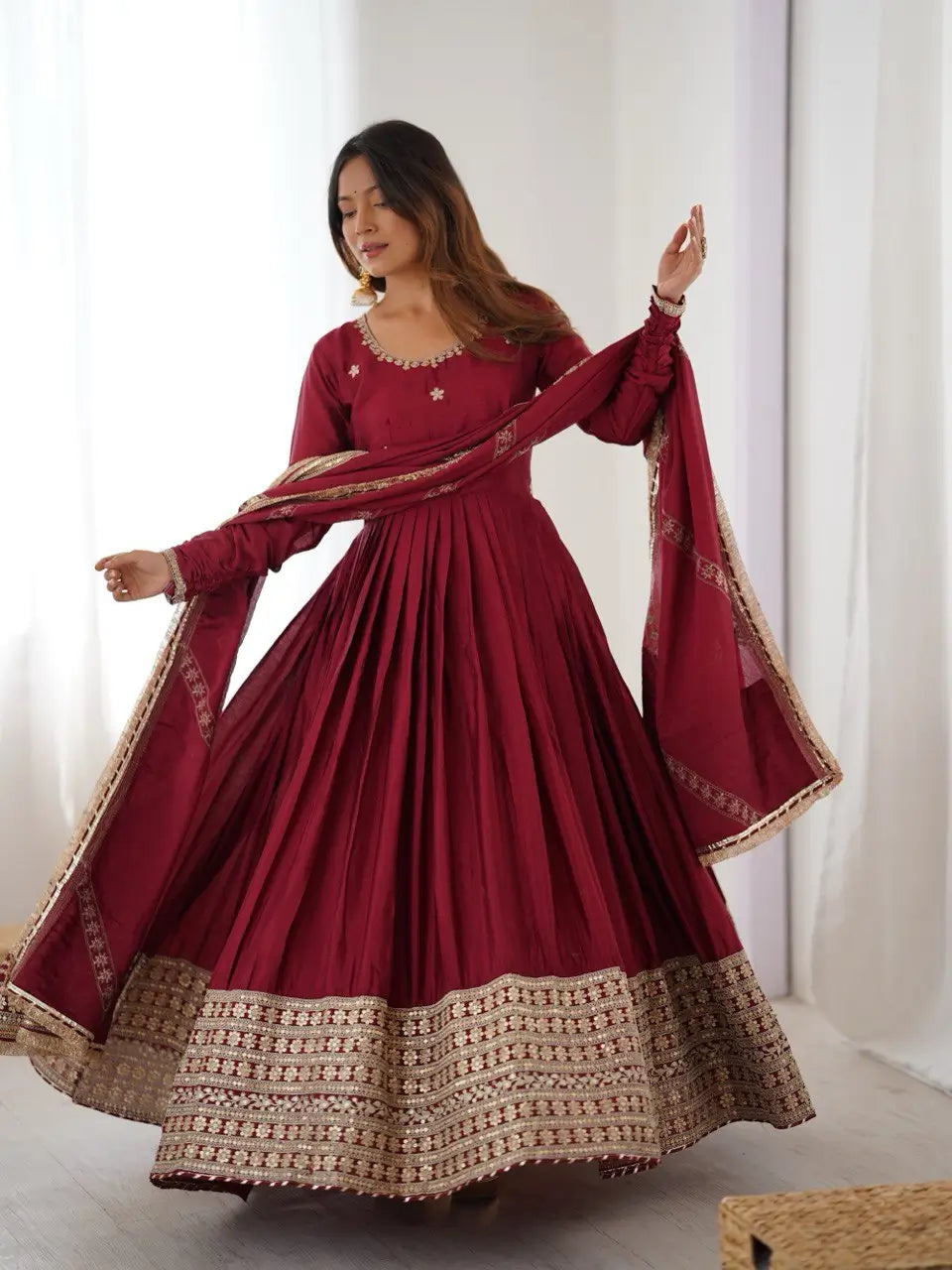 Embroidered Chinon Silk Anarkali Gown Set